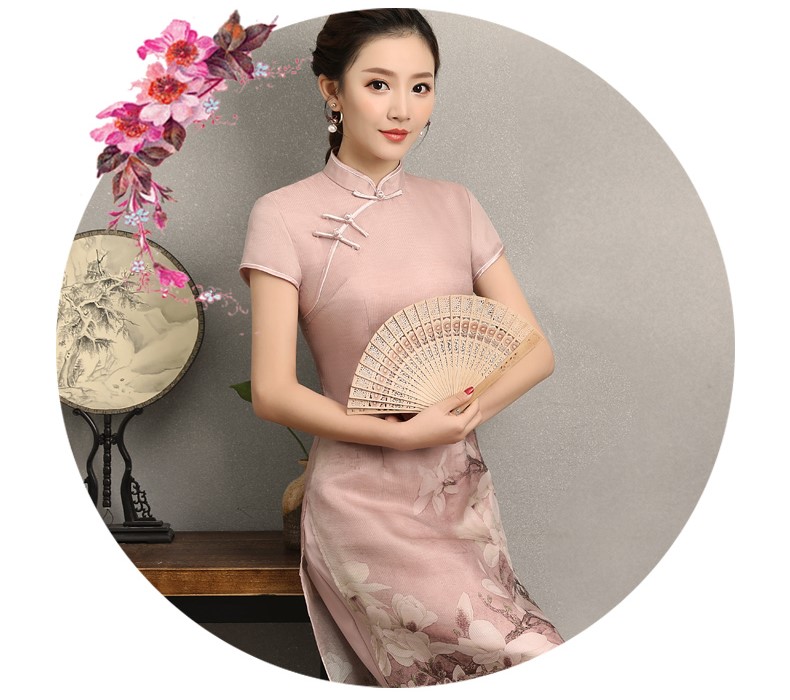 粉色玉蘭花旗袍，清新亮麗旗袍裙