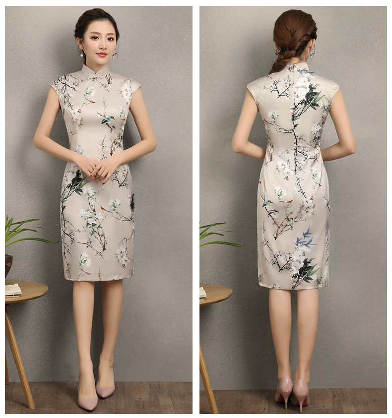 杏色曉鶴印花旗袍，時(shí)尚淡雅旗袍裙