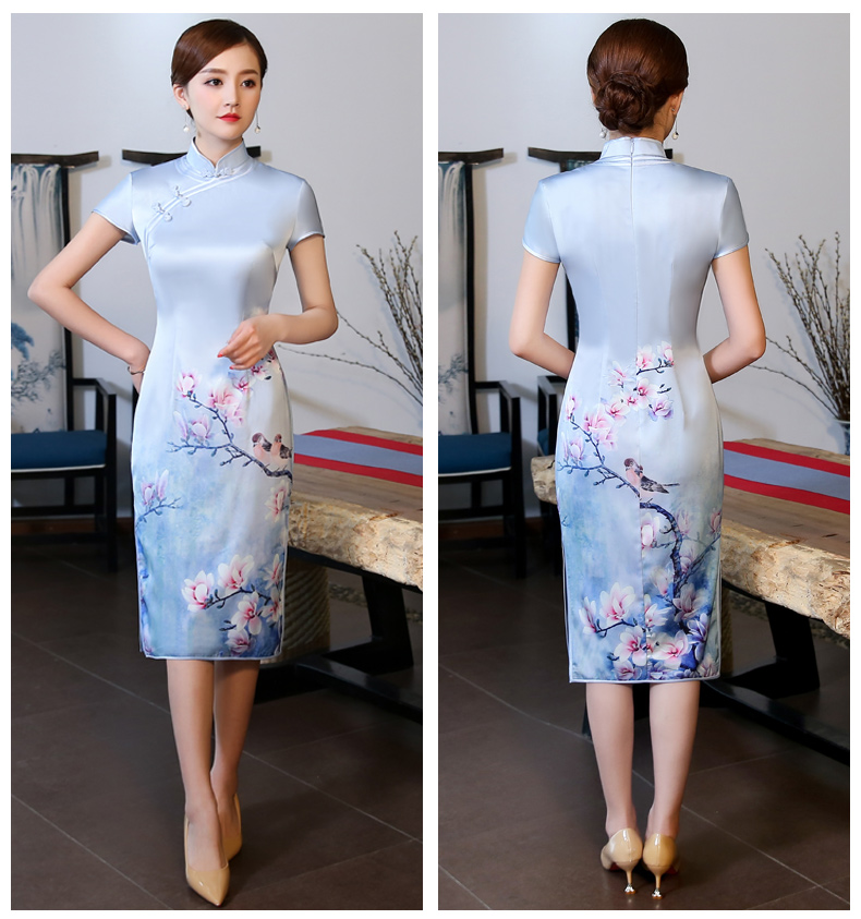 優(yōu)雅蘭花藍色旗袍，淡雅清新旗袍裙