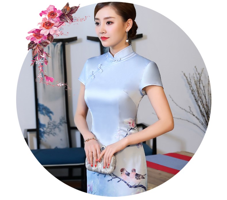 優(yōu)雅蘭花藍色旗袍，淡雅清新旗袍裙