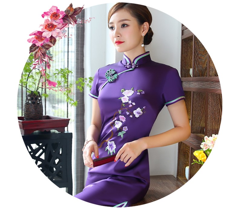精致繡花高貴紫旗袍，時尚典雅旗袍裙