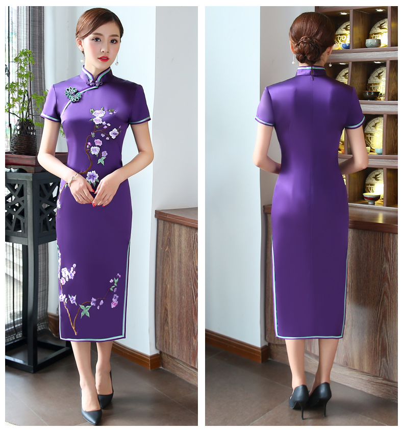 精致繡花高貴紫旗袍，時尚典雅旗袍裙