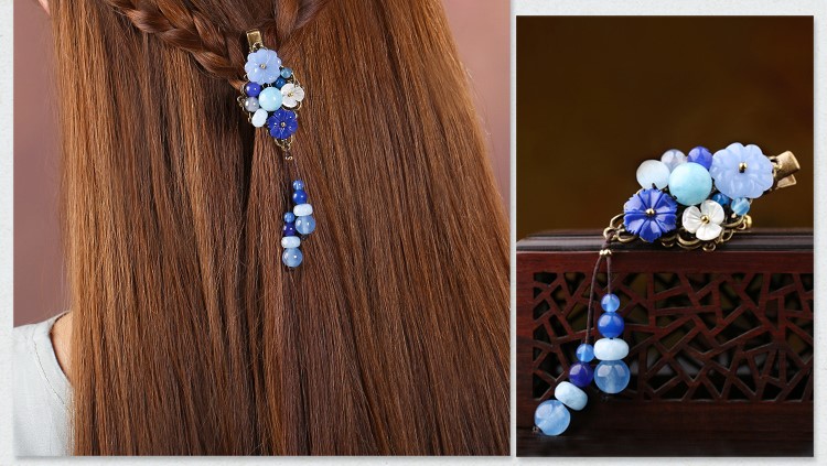 古風(fēng)藍(lán)色發(fā)夾，唯美優(yōu)雅頭飾