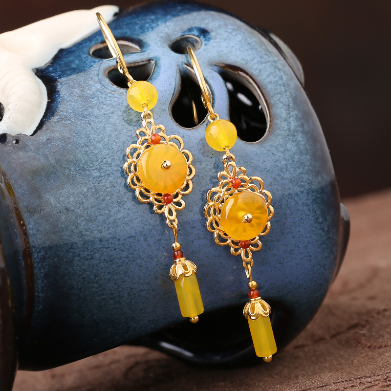 耀眼黃色瑪瑙耳環(huán)，氣質(zhì)高貴耳環(huán)