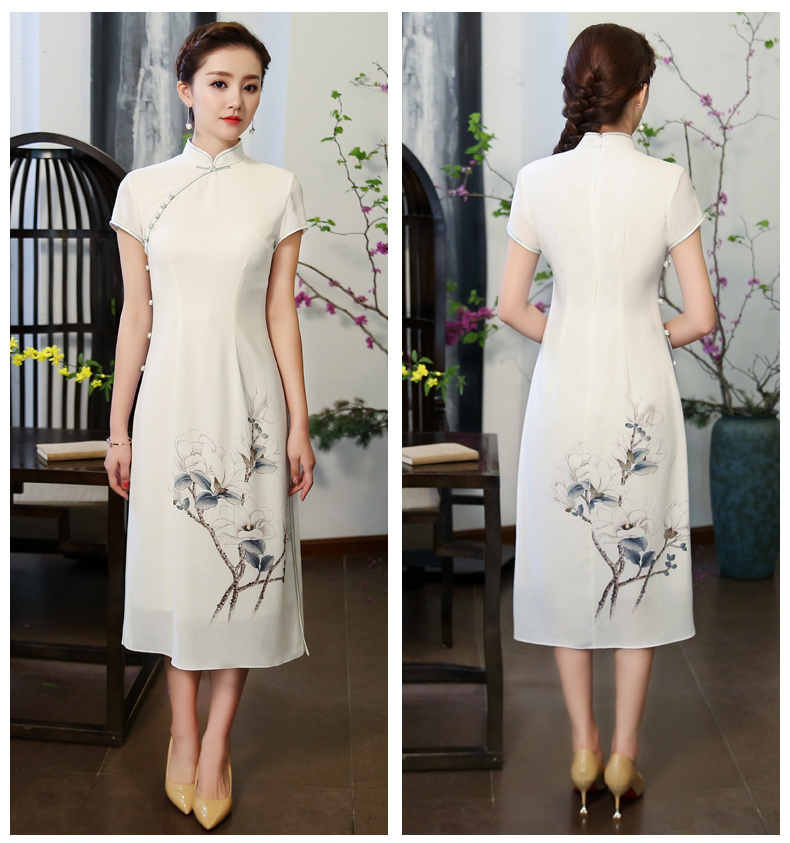 玉蘭花圖旗袍，素雅奧黛風(fēng)旗袍裙