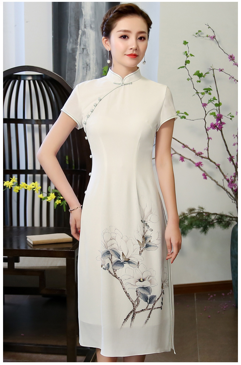 玉蘭花圖旗袍，素雅奧黛風(fēng)旗袍裙