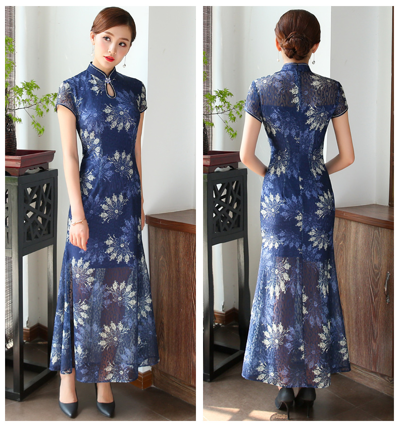 念花蕾絲旗袍，時尚魚尾旗袍裙