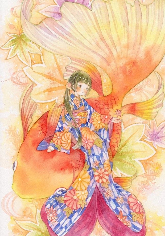 一組少女風的日系水彩插畫：清新唯美萌妹紙