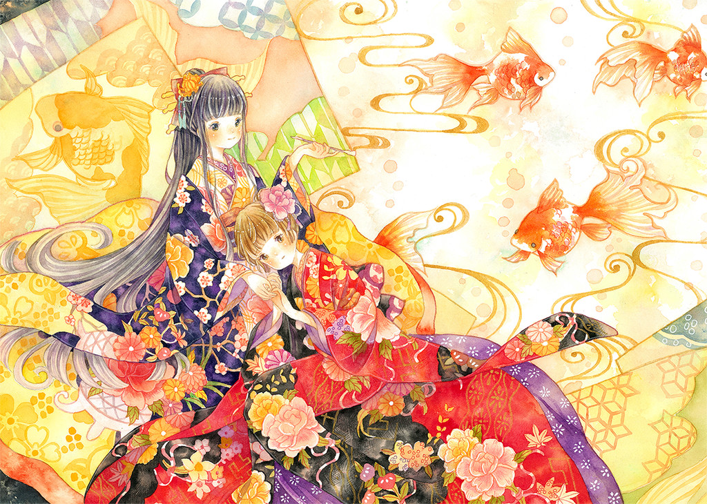 一組少女風的日系水彩插畫：清新唯美萌妹紙