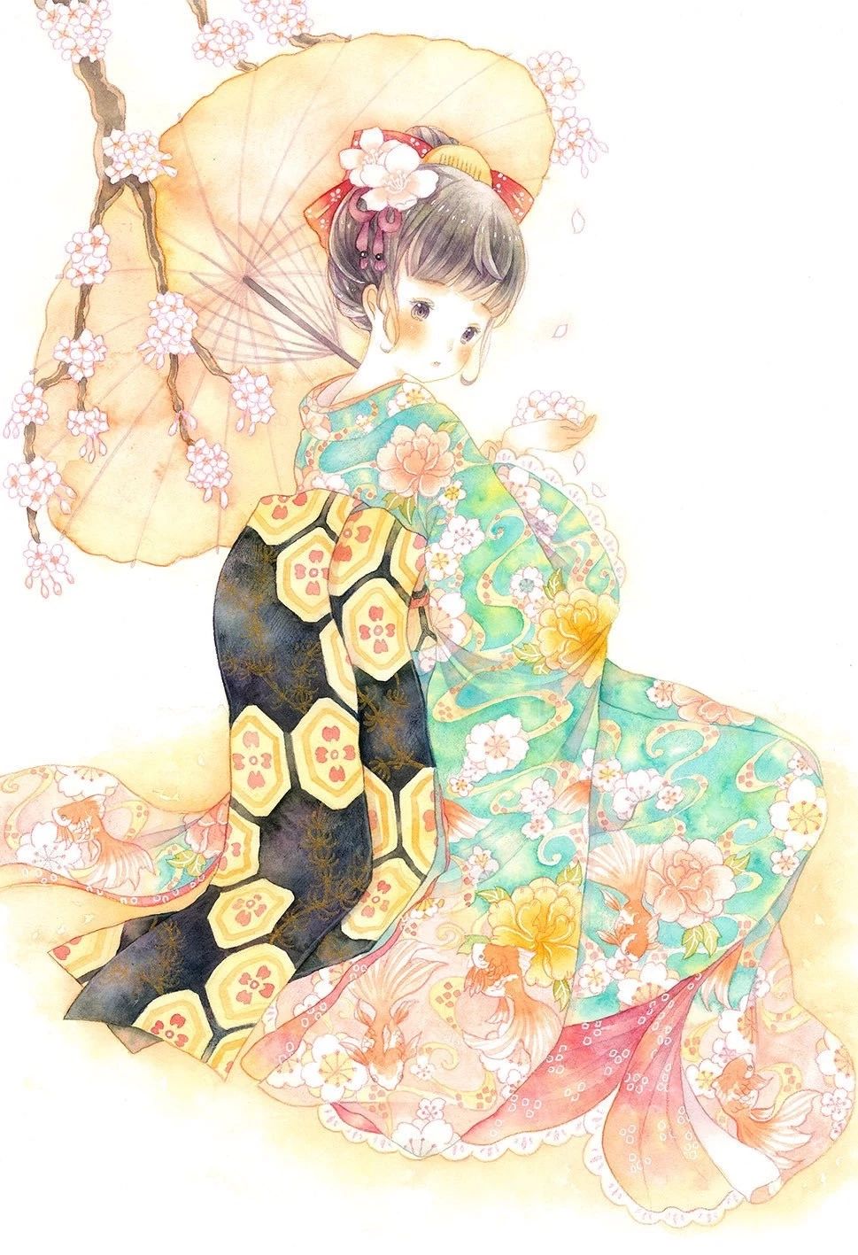 一組少女風的日系水彩插畫：清新唯美萌妹紙