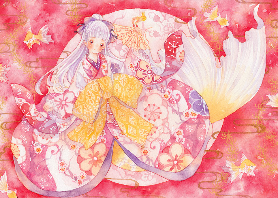 一組少女風的日系水彩插畫：清新唯美萌妹紙