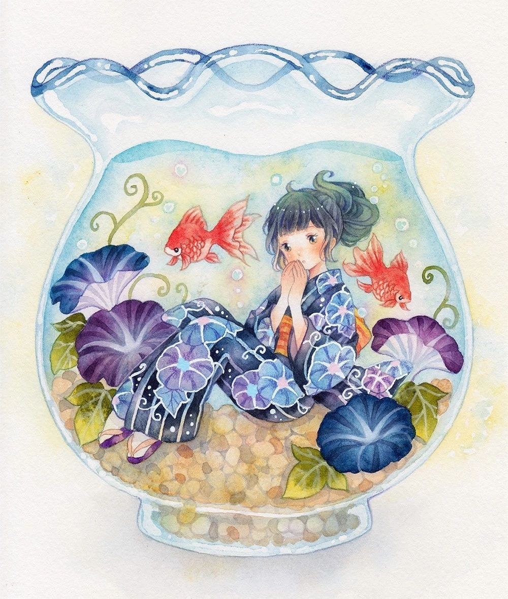 一組少女風的日系水彩插畫：清新唯美萌妹紙