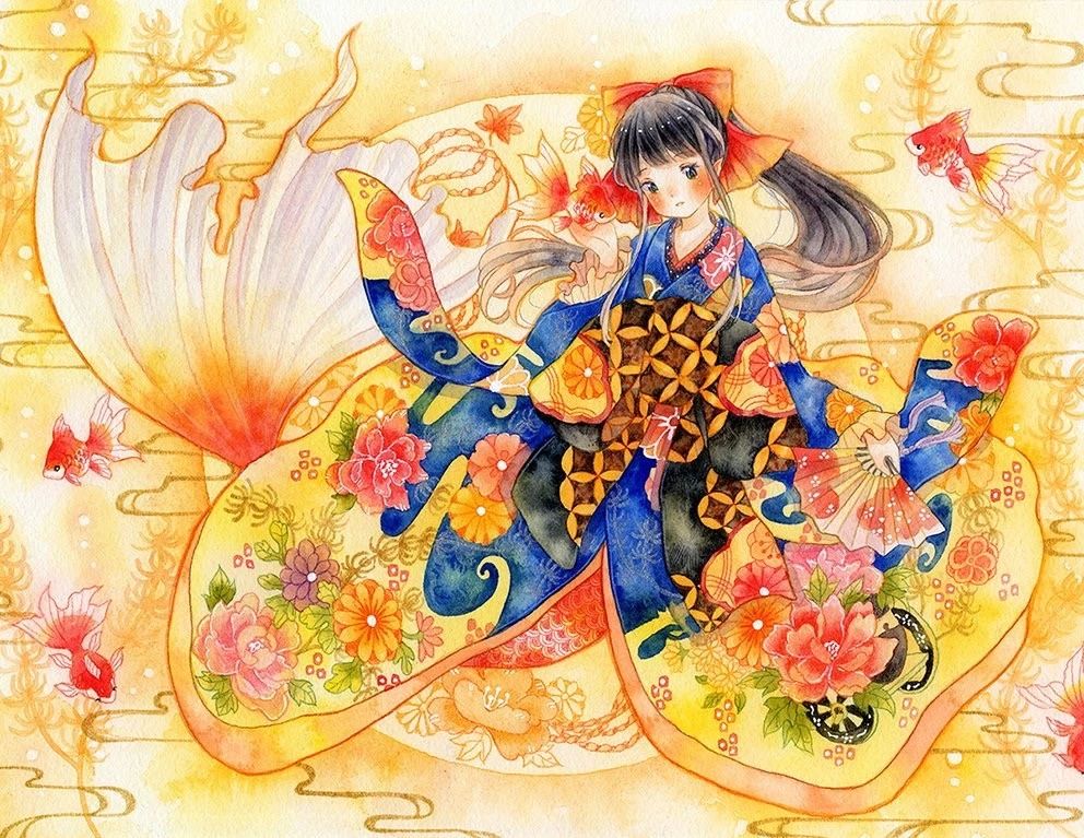 一組少女風的日系水彩插畫：清新唯美萌妹紙