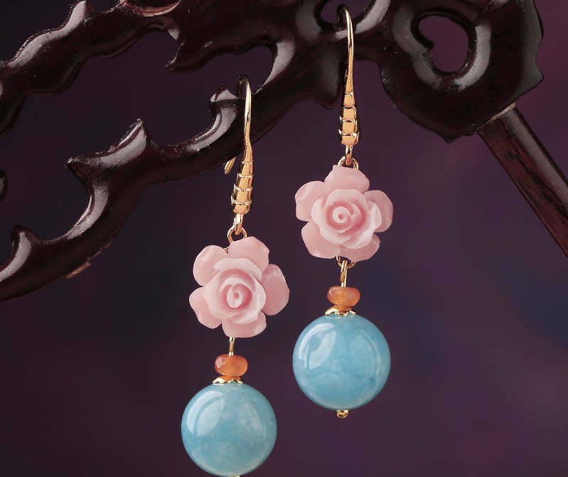名媛氣質(zhì)花朵耳環(huán)，清新古風(fēng)粉藍(lán)雙色首飾