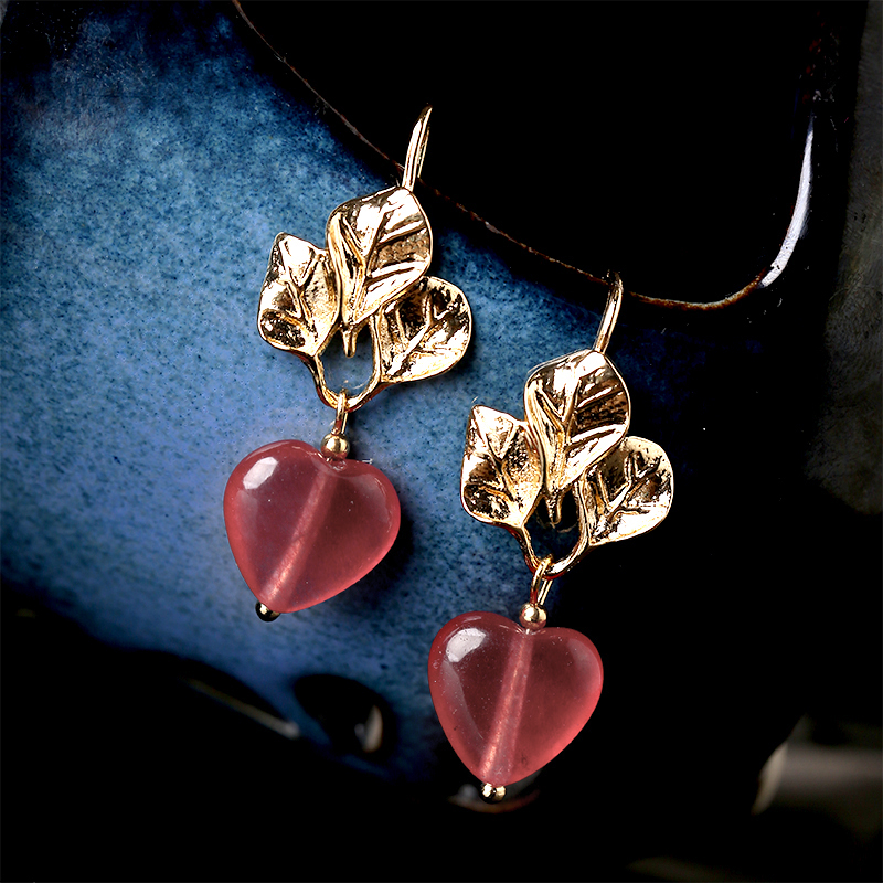 粉色心形吊墜耳環(huán)，溫暖古風(fēng)耳飾首飾