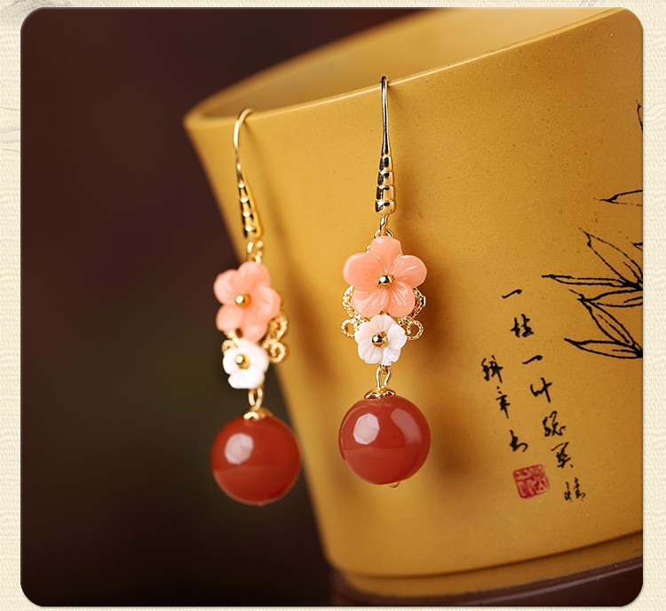 復(fù)古紅瑪瑙吊墜耳環(huán)，超仙花朵耳飾首飾