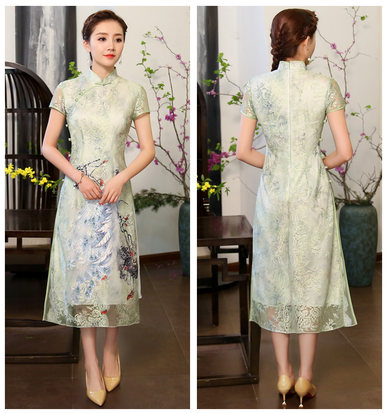 奧黛風(fēng)綠孔雀旗袍，蕾絲短袖旗袍裙!