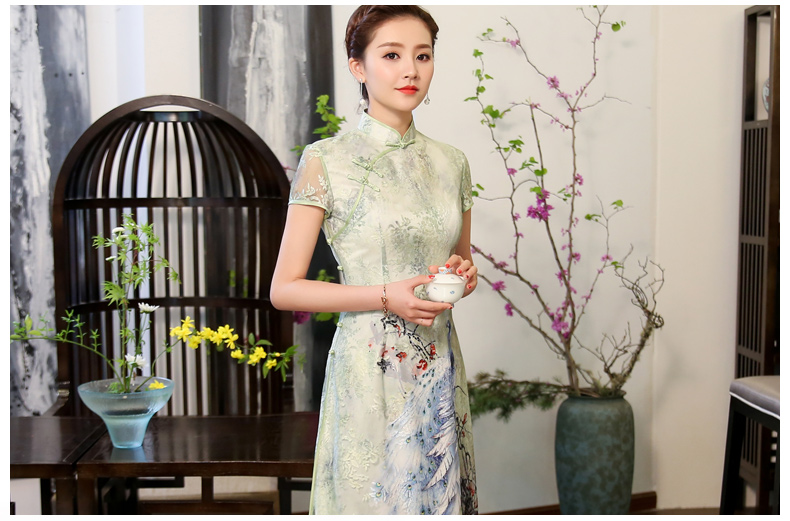 奧黛風(fēng)綠孔雀旗袍，蕾絲短袖旗袍裙!