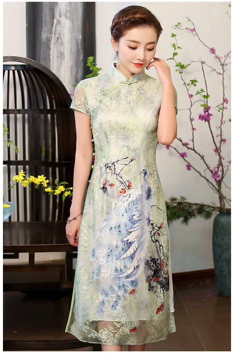 奧黛風(fēng)綠孔雀旗袍，蕾絲短袖旗袍裙!