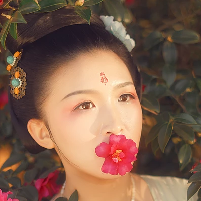 嬌艷紅花帶團(tuán)扇女生頭像：唯美古風(fēng)真人頭像