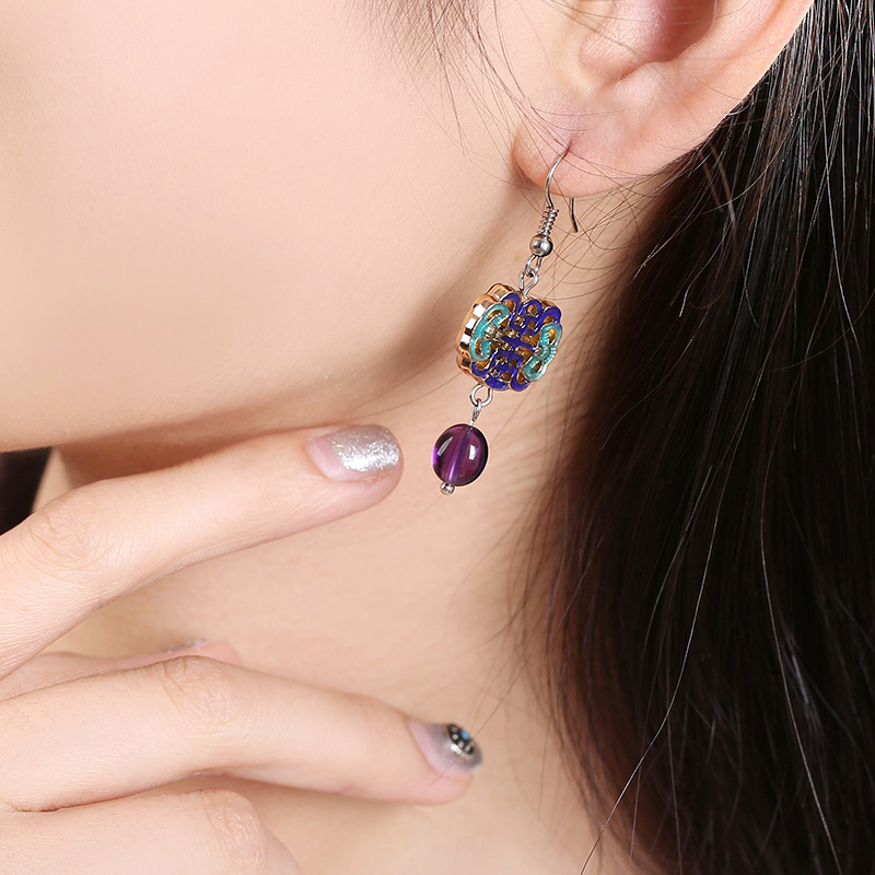 古典景泰藍(lán)耳環(huán)，紫水晶吊墜耳環(huán)首飾