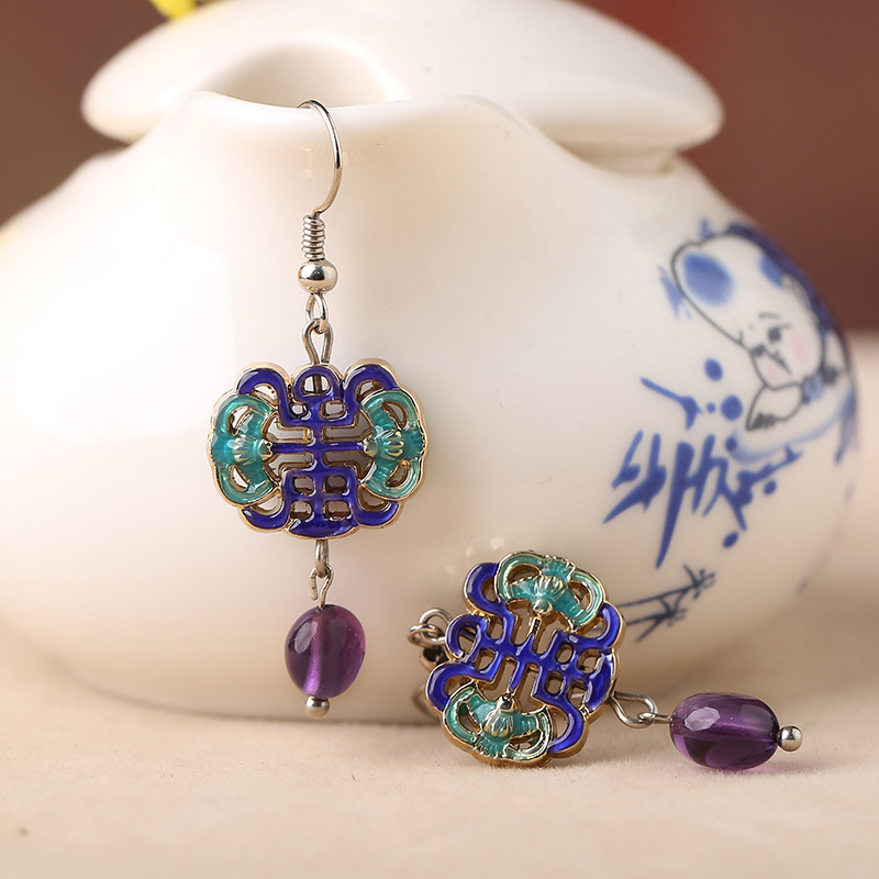 古典景泰藍(lán)耳環(huán)，紫水晶吊墜耳環(huán)首飾