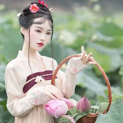 提籃采蓮女生頭像，唯美古風真人頭像