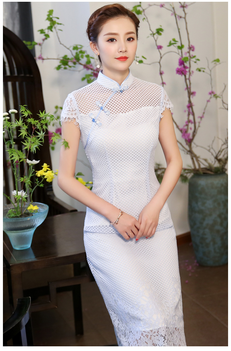 清爽伊人淡藍(lán)色旗袍，網(wǎng)狀鏤空旗袍裙