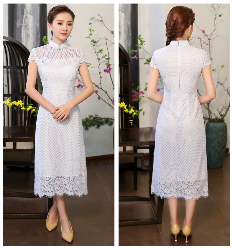 清爽伊人淡藍(lán)色旗袍，網(wǎng)狀鏤空旗袍裙