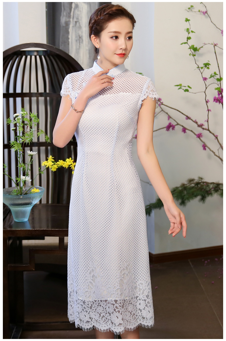 清爽伊人淡藍(lán)色旗袍，網(wǎng)狀鏤空旗袍裙