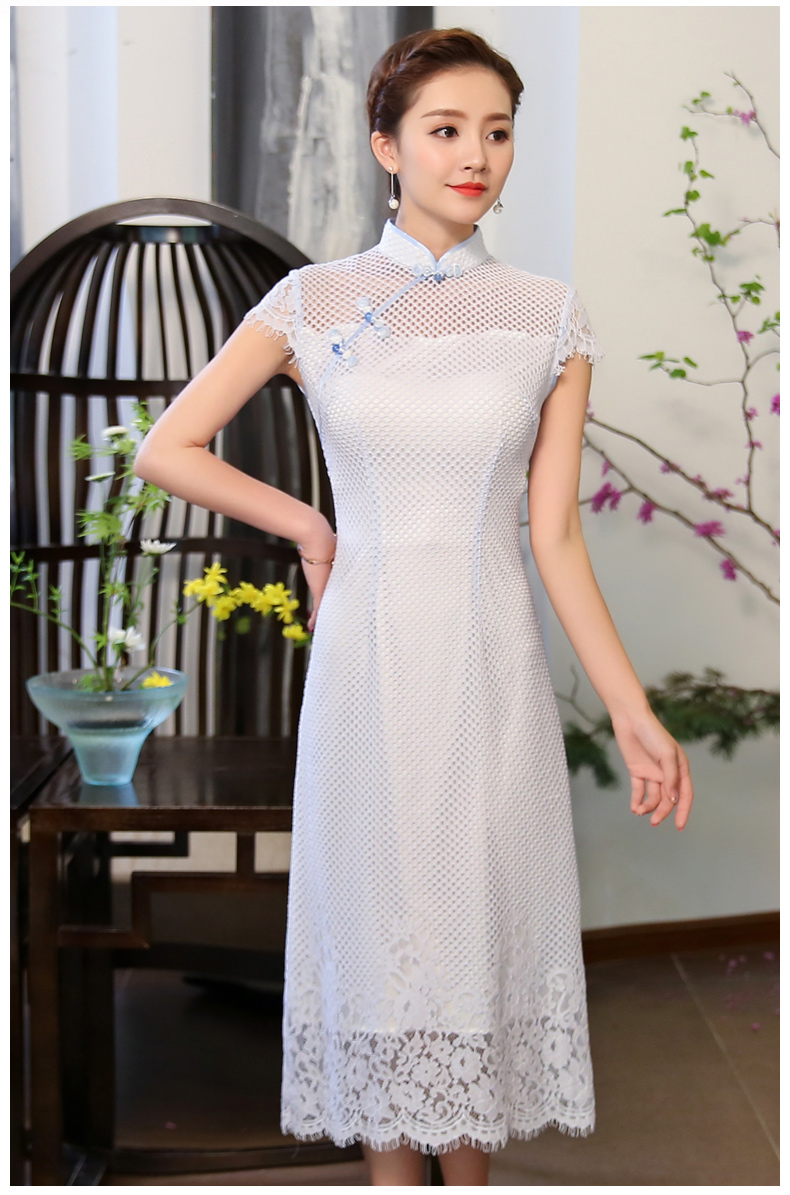 清爽伊人淡藍(lán)色旗袍，網(wǎng)狀鏤空旗袍裙