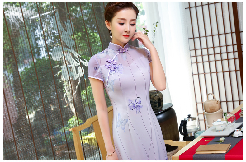 淡紫色旗袍，紫蝶唯美旗袍裙
