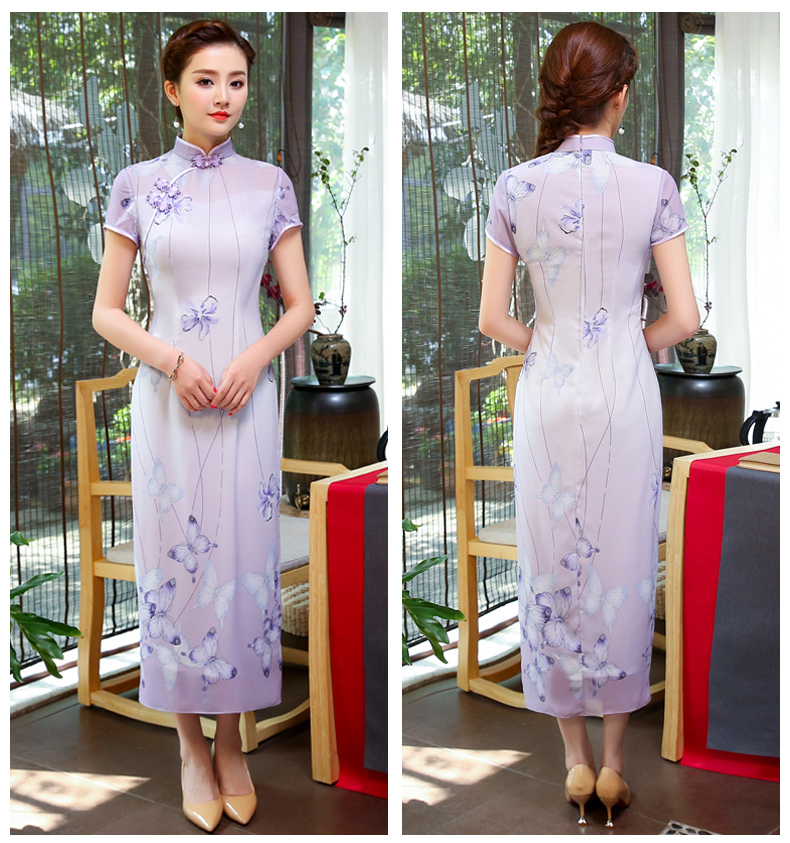 淡紫色旗袍，紫蝶唯美旗袍裙
