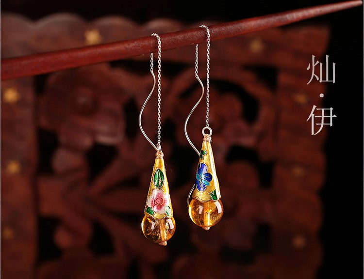 華麗古風耳環(huán)，黃亮景泰藍純銀耳線首飾