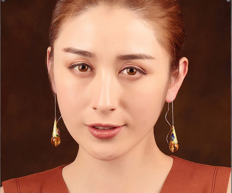 華麗古風耳環(huán)，黃亮景泰藍純銀耳線首飾