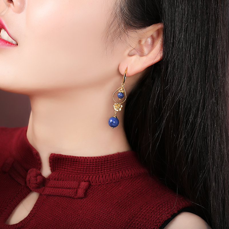 民族風(fēng)森系耳環(huán)，水墨藍(lán)紋石首飾