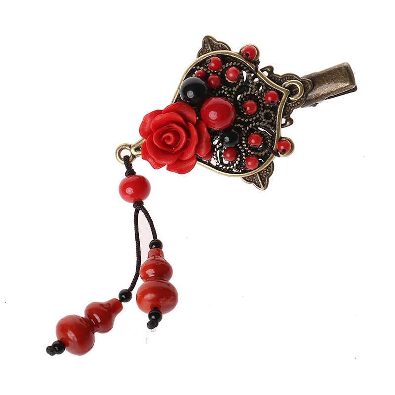 紅色雕漆復(fù)古頭飾，玫瑰花朵發(fā)夾