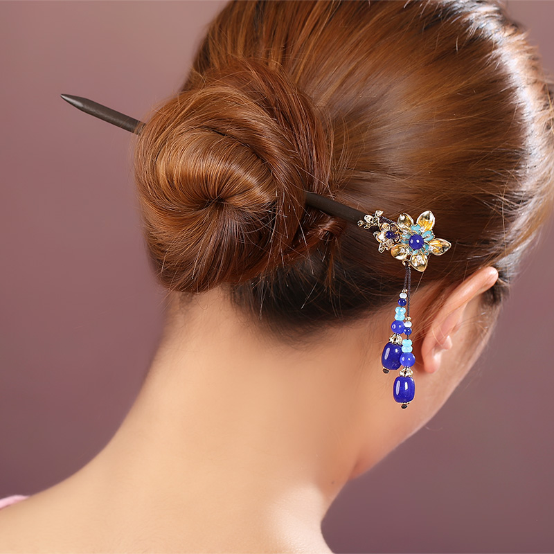 中式手工木簪子，藍色發(fā)簪頭飾