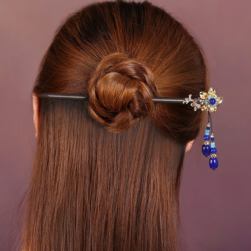 中式手工木簪子，藍色發(fā)簪頭飾