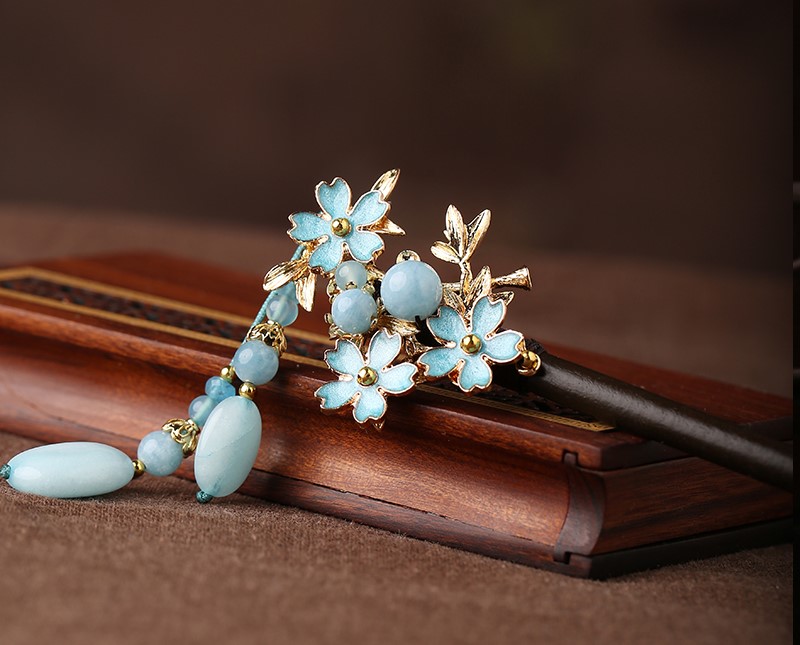 藍(lán)色小花發(fā)簪，清秀雅致的古風(fēng)頭飾