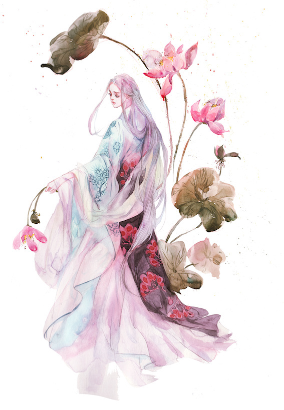 水彩古風(fēng)女子圖集，夢幻粉色少女古風(fēng)圖片