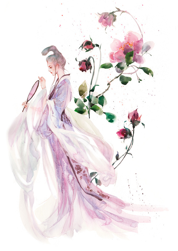 水彩古風(fēng)女子圖集，夢幻粉色少女古風(fēng)圖片