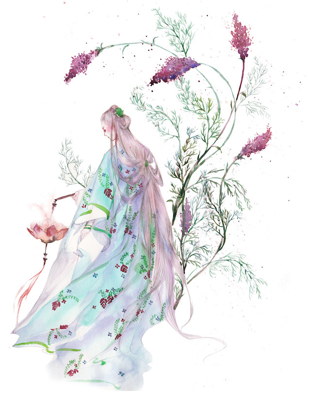 水彩古風(fēng)女子圖集，夢幻粉色少女古風(fēng)圖片