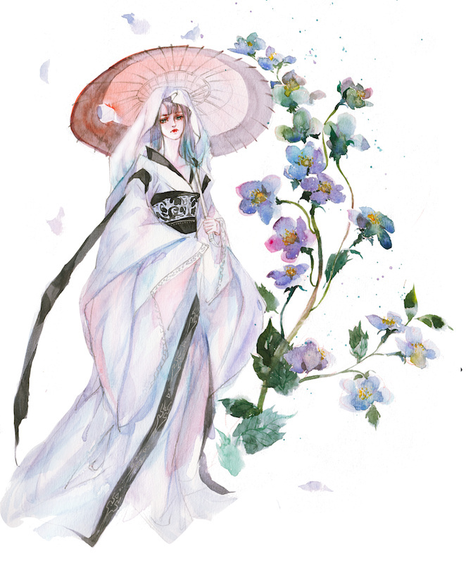 水彩古風(fēng)女子圖集，夢幻粉色少女古風(fēng)圖片