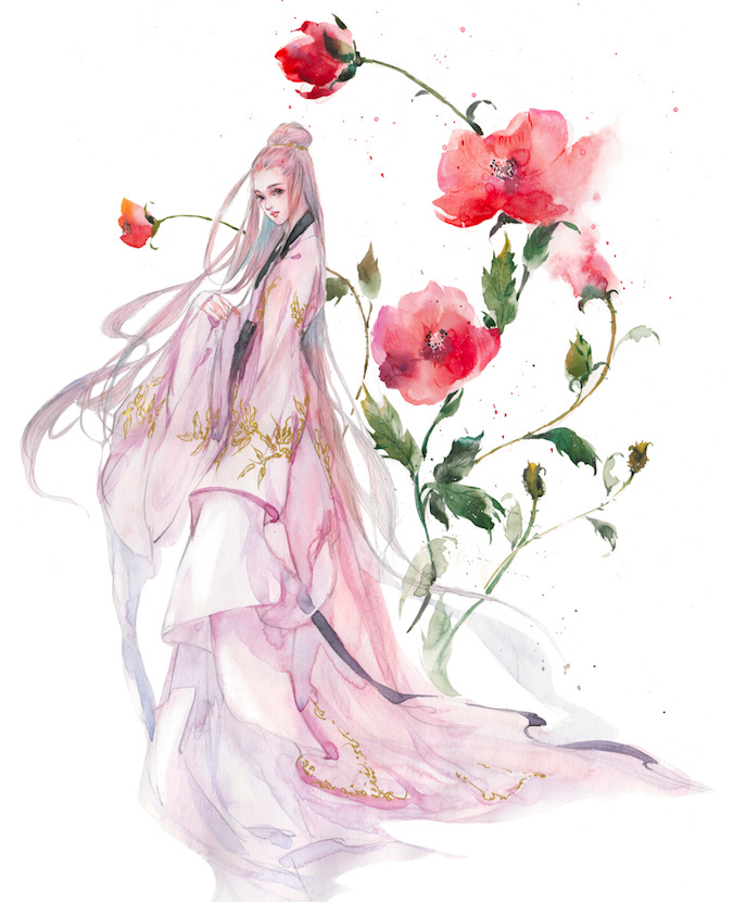 水彩古風(fēng)女子圖集，夢幻粉色少女古風(fēng)圖片