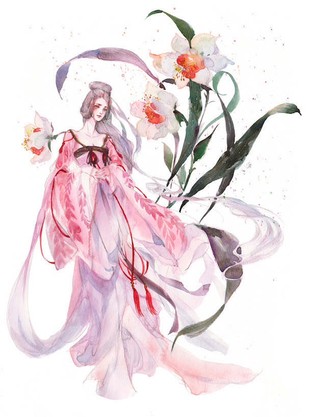 水彩古風(fēng)女子圖集，夢幻粉色少女古風(fēng)圖片