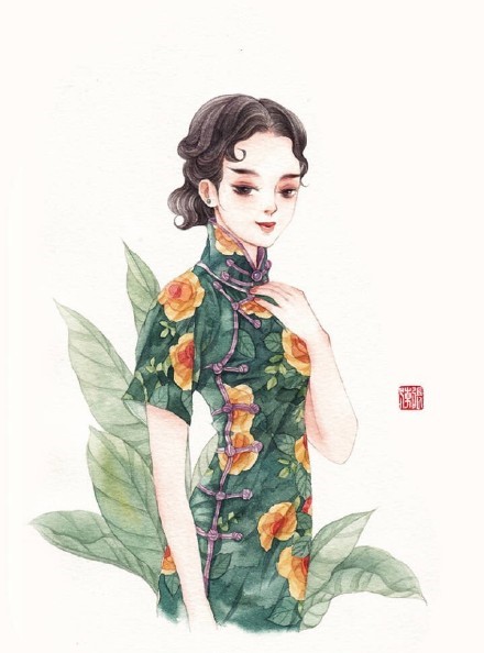 清新水彩旗袍女子插畫，唯美的古風(fēng)插畫圖集