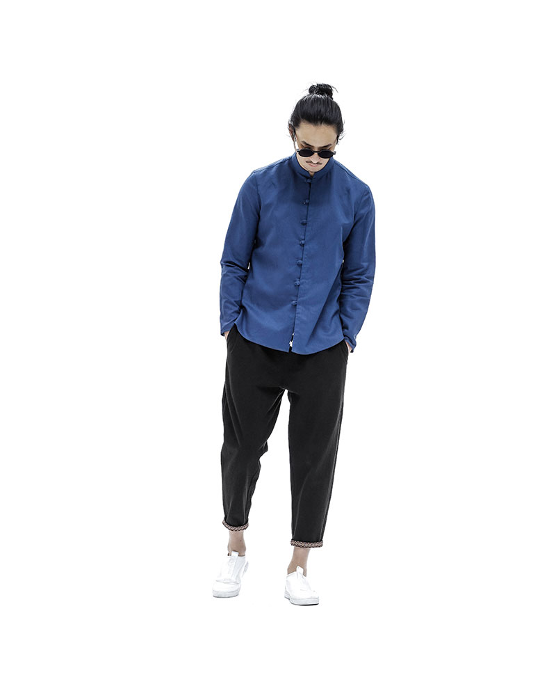 中式服裝唐裝盤扣麻料青年長(zhǎng)袖