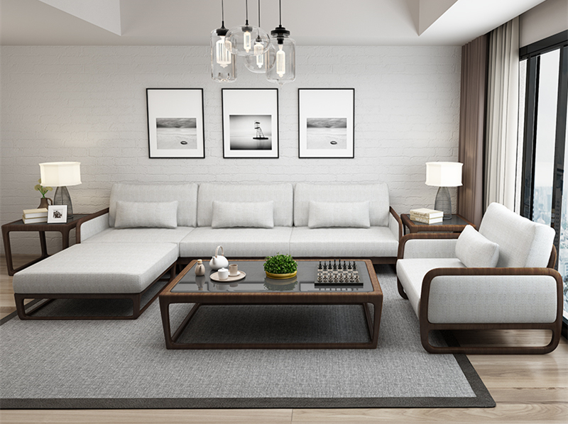 新中式簡約布藝實木沙發(fā)組合