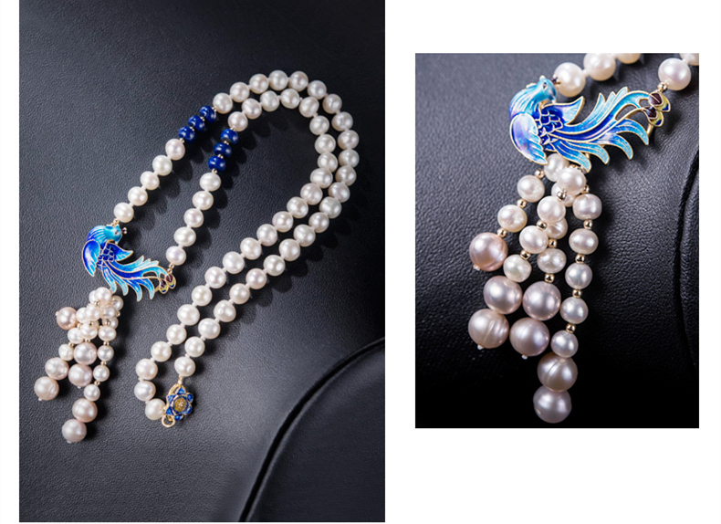 景泰藍(lán)孔雀淡水珍珠流蘇復(fù)古項鏈